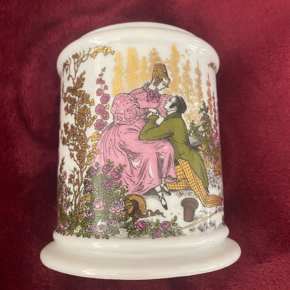 Vintage Porcelain Courting Couple Floral Cotton Ball Vanity Jar West Germany